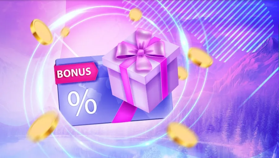 Coffret cadeau et carte bonus Wolfy Casino entourés de pièces d'or